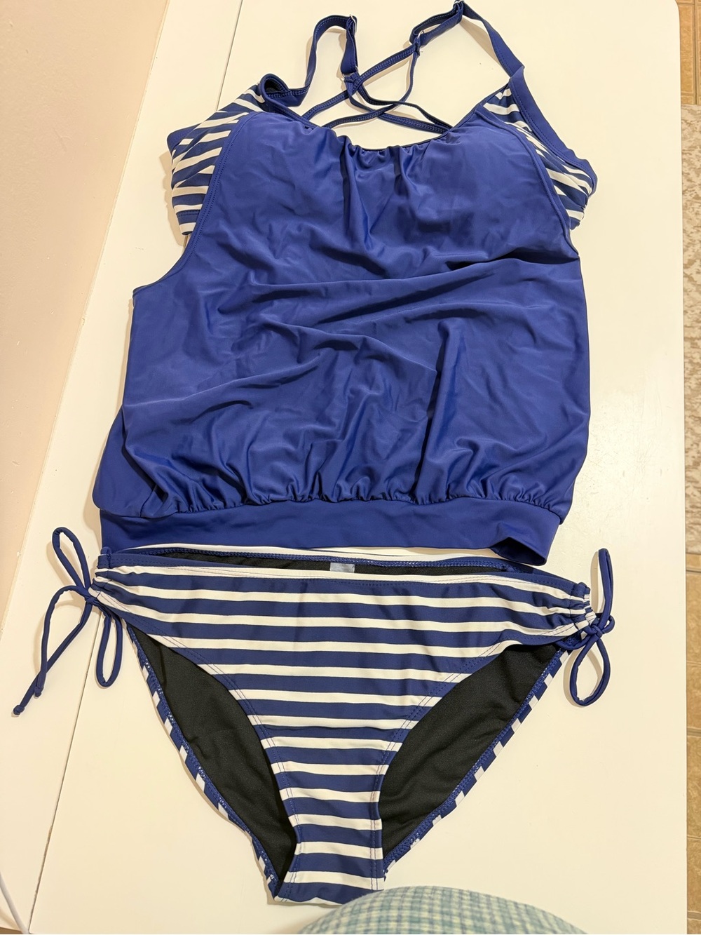 Nike Girls Blue and White Striped Tankini Swim Set